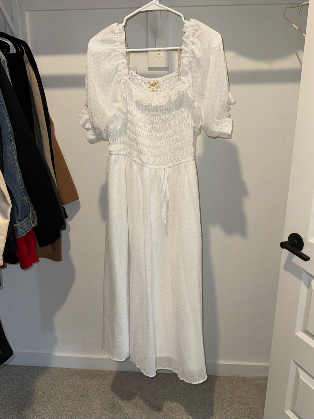 Indigo Rose White Swiss Dot Smocked Puff Sleeve Dress
